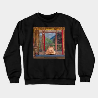 Eckhart Tolle Zen Master Cat On a Temple Terrace Overlooking Mountains Crewneck Sweatshirt